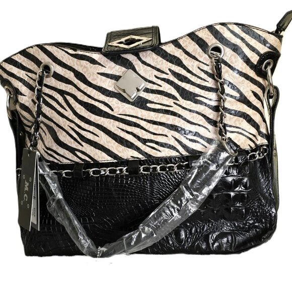M.C. Marc Chantal Croco Embossed Genuine Leather Tote - Zebra - Picture 10 of 12